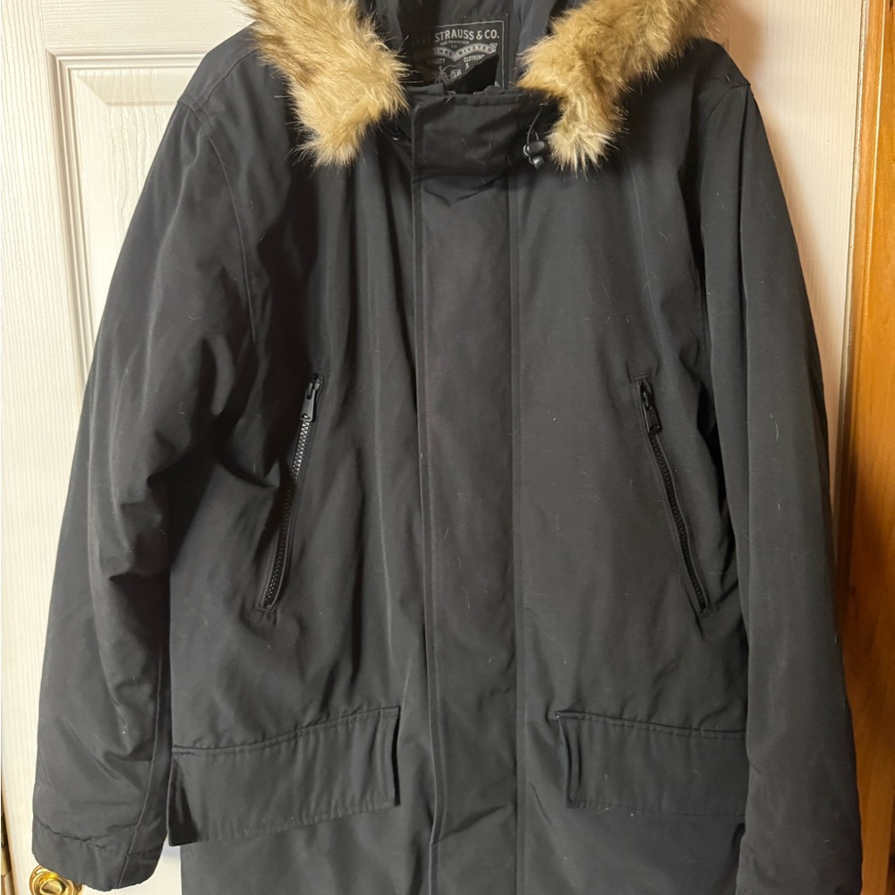 Levi's Black Puffer Jacket with Faux Fur Hood